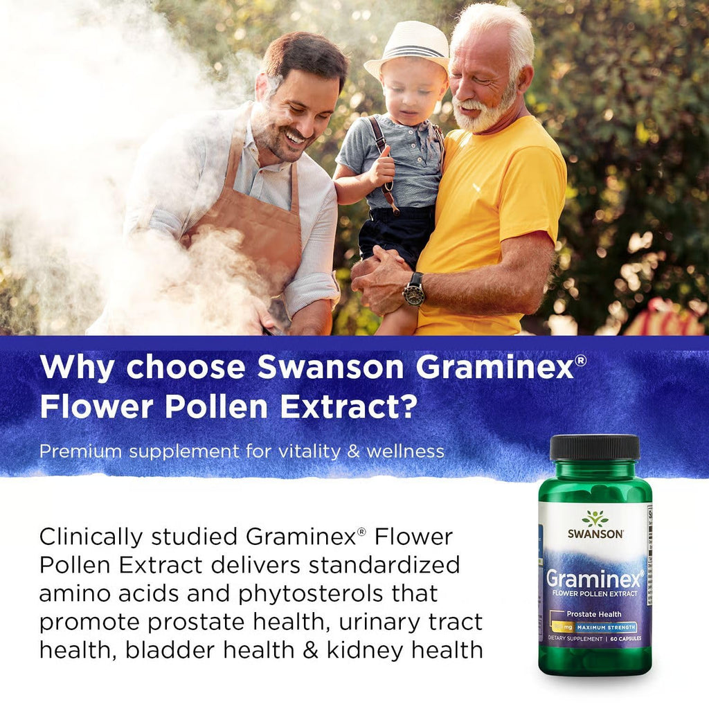 Swanson Graminex Flower Pollen Extract - Men's Health Supplement to Support Prostate, Kidney, Bladder & Urinary Tract Health* - Non-GMO - 60 Capsules