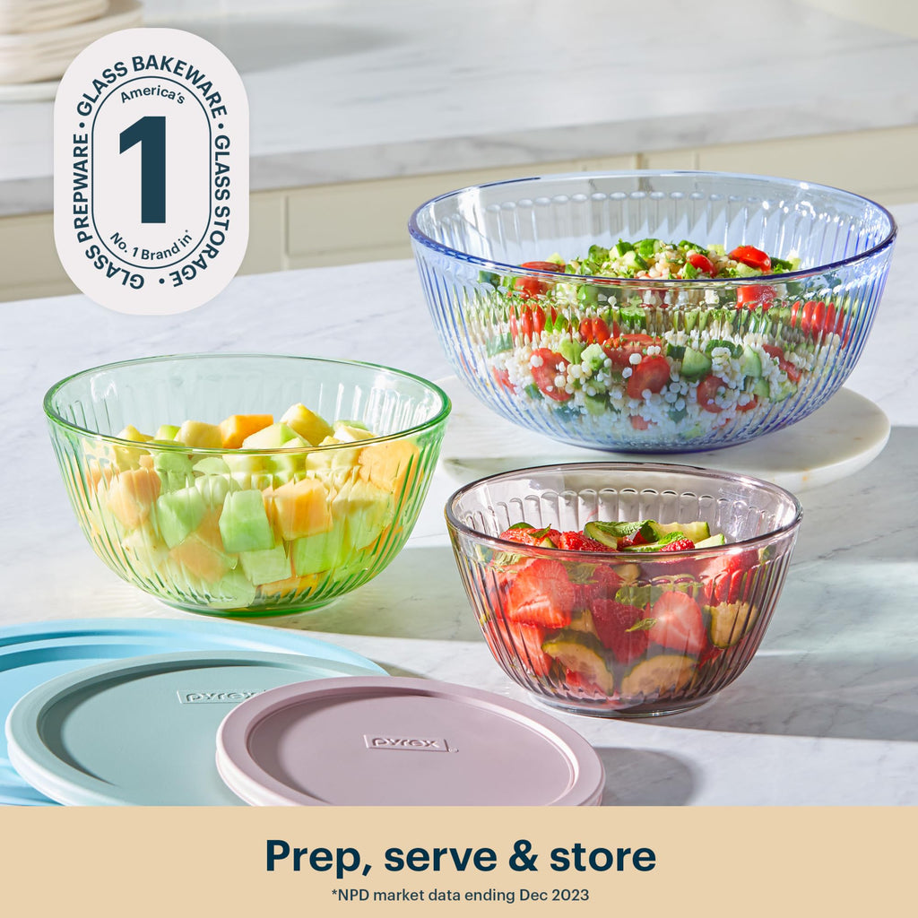 Pyrex Colors (3-Pack, Full Set) Sculpted Tinted Glass Mixing Bowls With Plastic Lids, Nesting Space Saving Set of Bowls For Prepping and Baking, 1.3QT, 2.3QT & 4.5Q, (Pink, Green, Blue)
