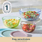 Pyrex Colors (3-Pack, Full Set) Sculpted Tinted Glass Mixing Bowls With Plastic Lids, Nesting Space Saving Set of Bowls For Prepping and Baking, 1.3QT, 2.3QT & 4.5Q, (Pink, Green, Blue)