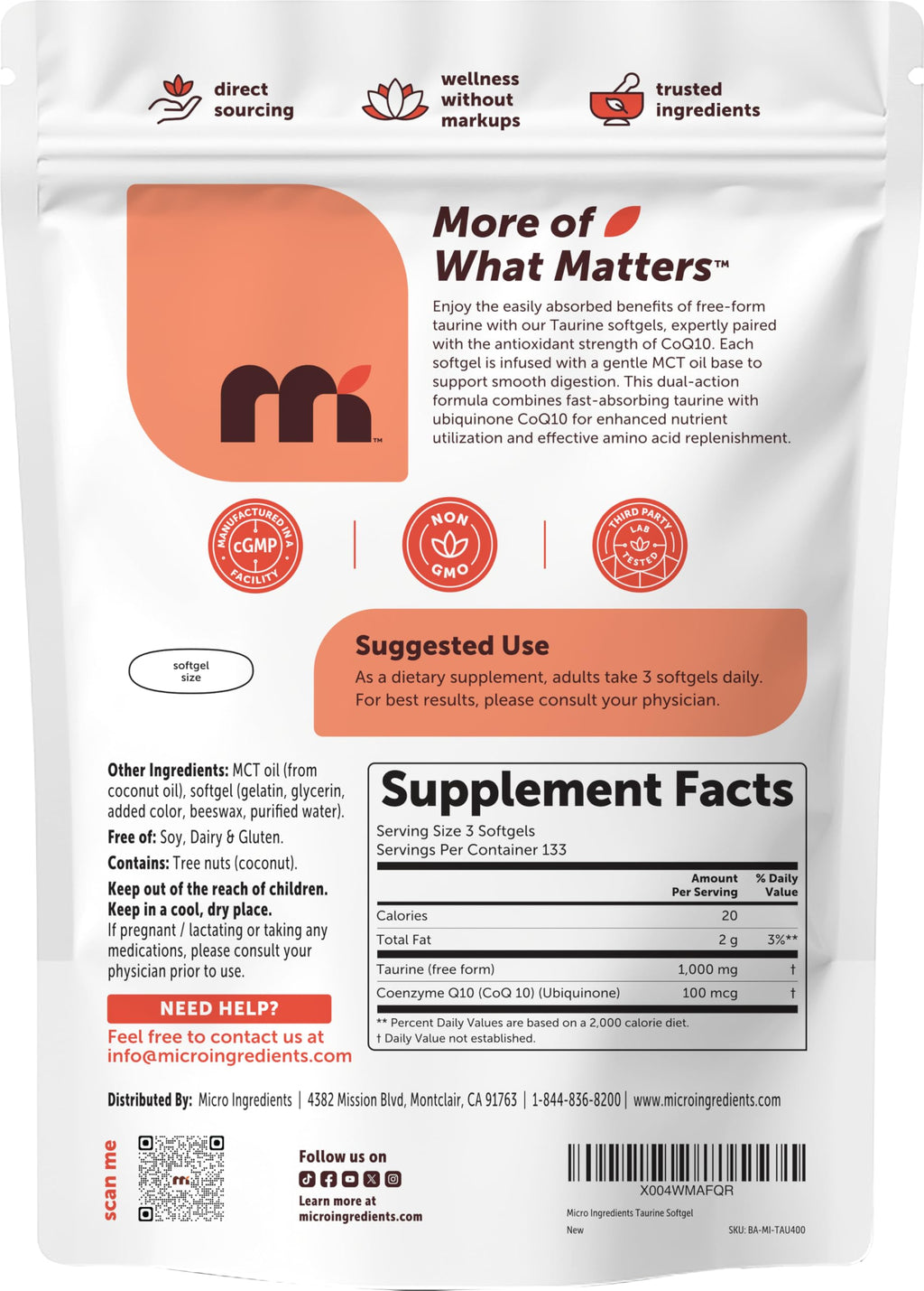 Micro Ingredients Taurine 1,000 mg with Coq10 | Free-Form Taurine Supplement with MCT Oil | Amino Acids for Exercise Energy & Heart Support* | 400 Softgels, Non-GMO