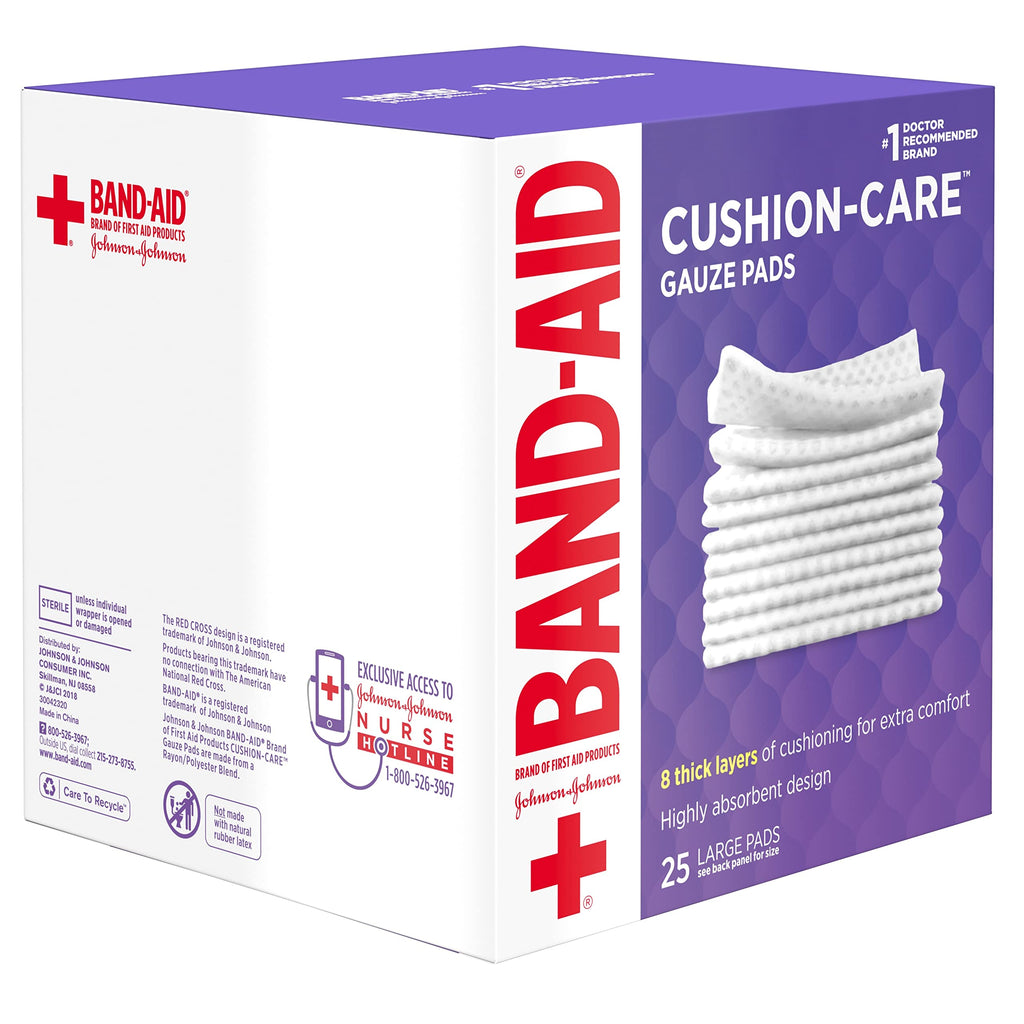 BAND-AID Brand Cushion-Care Gauze Pads, Large Size, 4 in x 4 in, 25 Count