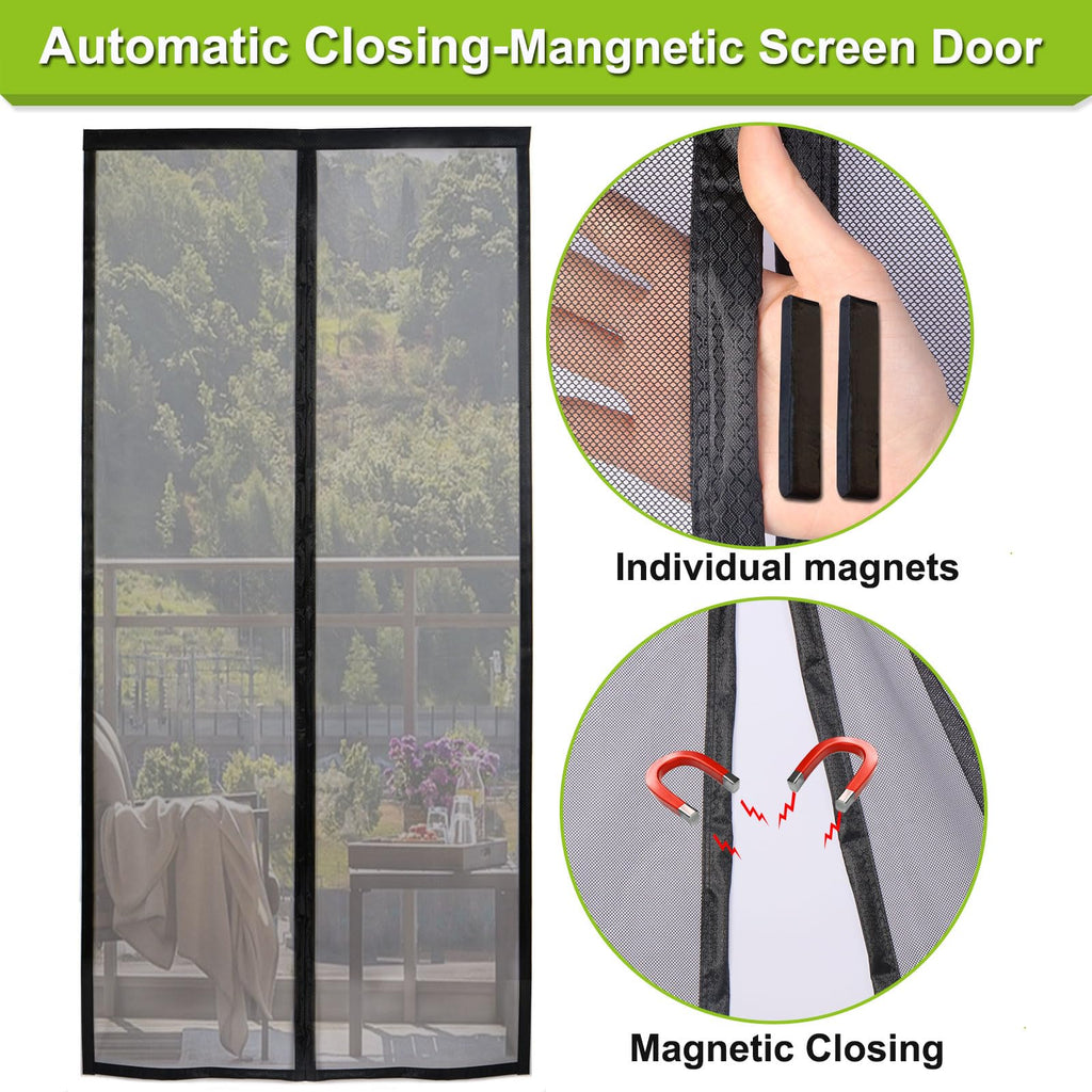 Risareyi Magnetic Screen Door Self Closing, 65 x 70 inches, Black Upgraded Polyester Thicken Mesh Mosquito Net for Patio Door, with Magnets, Keep Bugs Out, with Hook Tape
