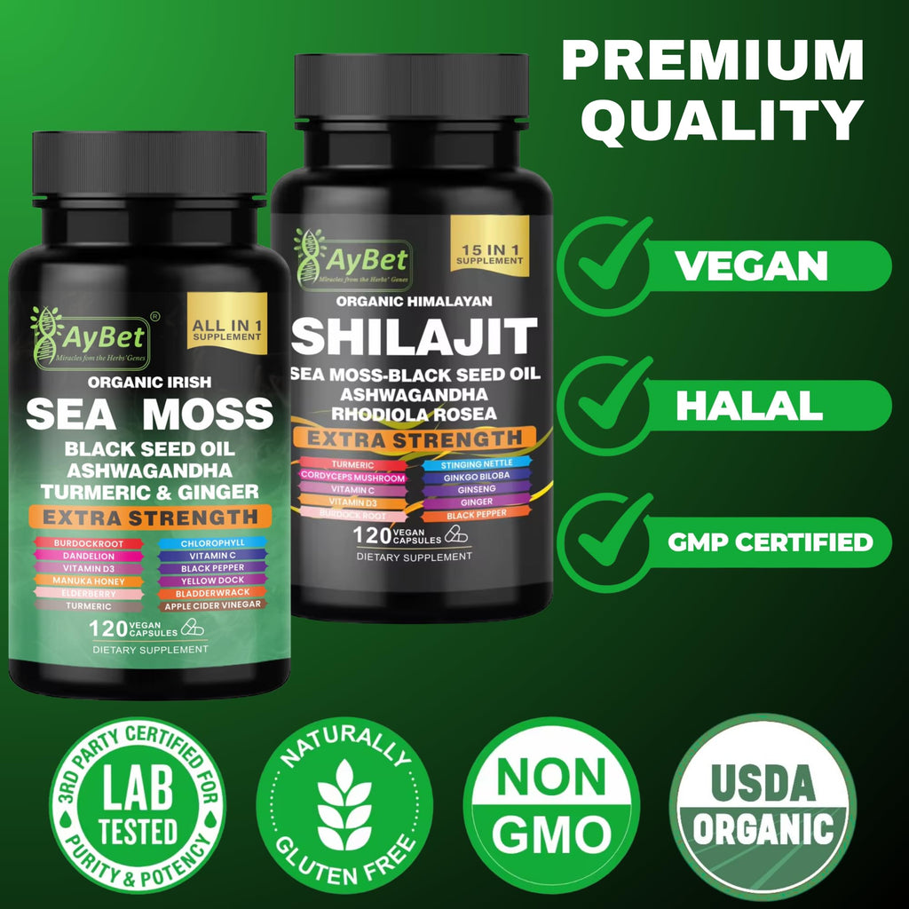 AyBet Sea Moss & Himalayan Shilajit Supplement Combo–Herbal Formula with Black Seed Oil, Ashwagandha, Rhodiola, Turmeric, Ginger – Mineral, Antioxidant Support–Organic, Halal, Vegan Capsules–240 Count