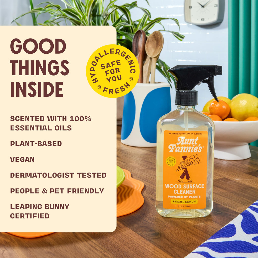 Aunt Fannie's All Purpose Wood Spray Cleaner, No-Wax Formula, Perfect for Wood Tables, Walls, Counters & Shelves, 16.9 Ounces, Lemon Scent (Pack of 3)
