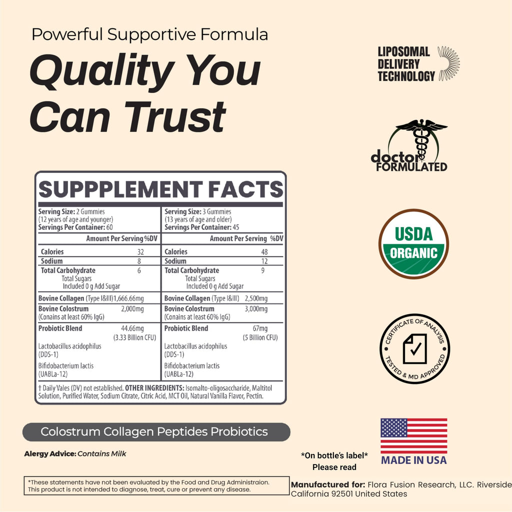 Colostrum Gummies I Collagen Peptides I Probiotics 5000+ mg w/ 60% IgG I Immunity Support & Gut Health - Liposmal Technology - U.S. Sourced Superfood - Grass-Fed Bovine - 120 gummies (Vanilla Flavor)