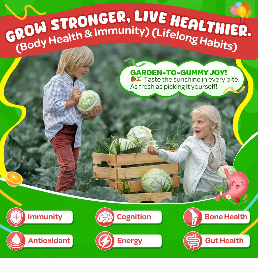 NEVISS Kids 4+ & Teens Super Greens 40-in-1 Gummies w/Multivitamin, Omega3 Iron, D3K2, Picky Eater Organic Super Fruits Veggies Superfood Gummy, Mushroom, Lutein | Immune Bone Brain Energy, Sugar Free