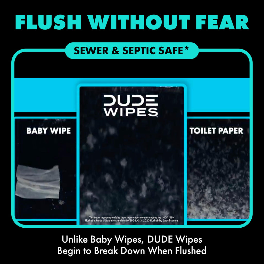 DUDE Wipes Mint Chill Travel Wipes - 6 Packs of 18 (108 Count) - Extra-Large Adult Flushable Wipes - Infused with Tea Tree Oil, Vitamin E, and Aloe - Septic and Sewer Safe