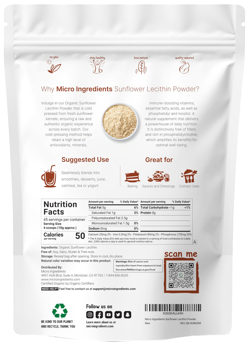 Organic Sunflower Lecithin Powder, 1 Pound, Sustainable Farmed, Cold Pressed, Rich in Phosphatidyl Choline and Protein, Making Liposomal Vitamin C, Lactation Supplement, Non-GMO