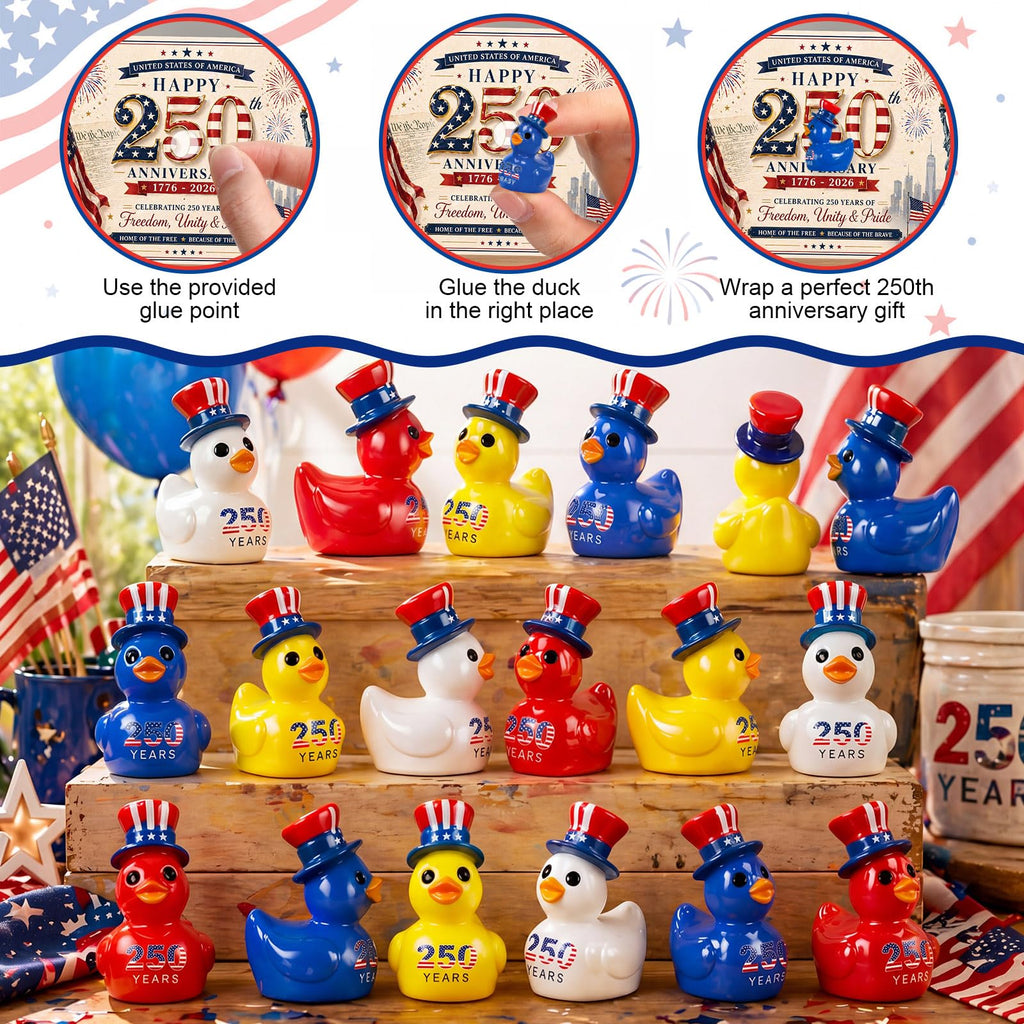 Skylety 100 Pcs Patriotic Mini Ducks 4th of July Independence Day Party Decor 250th Anniversary Red White Blue Ducks with Glue Points Garden Potted Miniature Cake Decoration Craft Patriotic Collectors