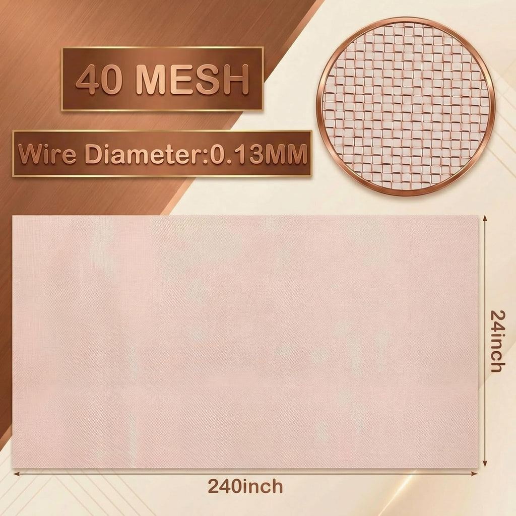 Therwen 24 Inch x 20 ft Copper Mesh Screen 99.9% Pure Copper 40 Mesh Roll Wire Fabric for Grounding Dense Filter Screen Woven Crafts Window Protection
