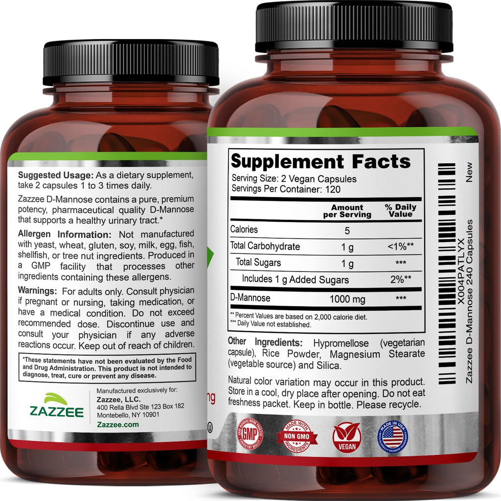 Zazzee D-Mannose, 1000 mg per Serving, 240 Vegan Capsules, 4 Month Supply, Potent & Fast-Acting, Certified Kosher, 100% Pure, All-Natural Urinary Tract Health Support, 100% Vegetarian, Non-GMO