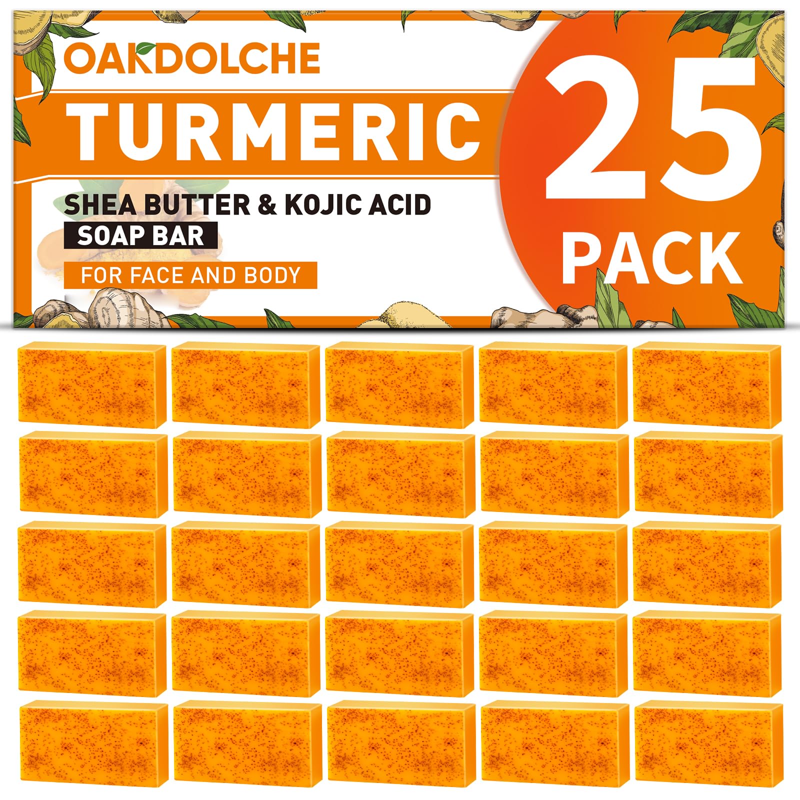 OAKDOLCHE 25P Turmeric Kojic Acid Soap Gift Set, Individually Wrapped (80g) | Infused with Retinol, Collagen & Vitamin E, SLS Free Gentle Care for Face/Body, Suitable for Party & Holiday Gifting