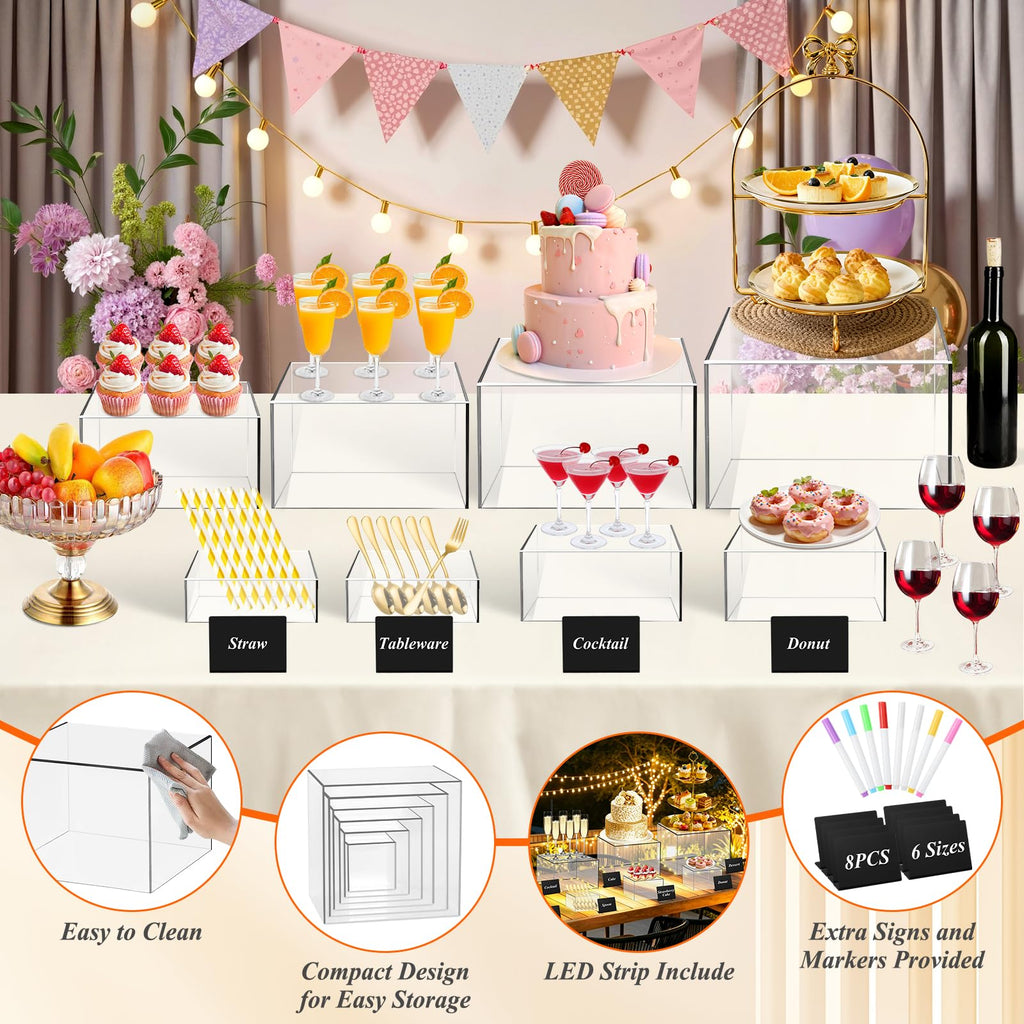 8 Pcs Clear Acrylic Buffet Risers with LED Fairy Lights, Acrylic Food Risers with Mini Sign and Maker, Clear Buffet Risers and Stands for Party Catering Dessert Collectibles(9" 8" 7" 6" 5" 5" 4" 4" )