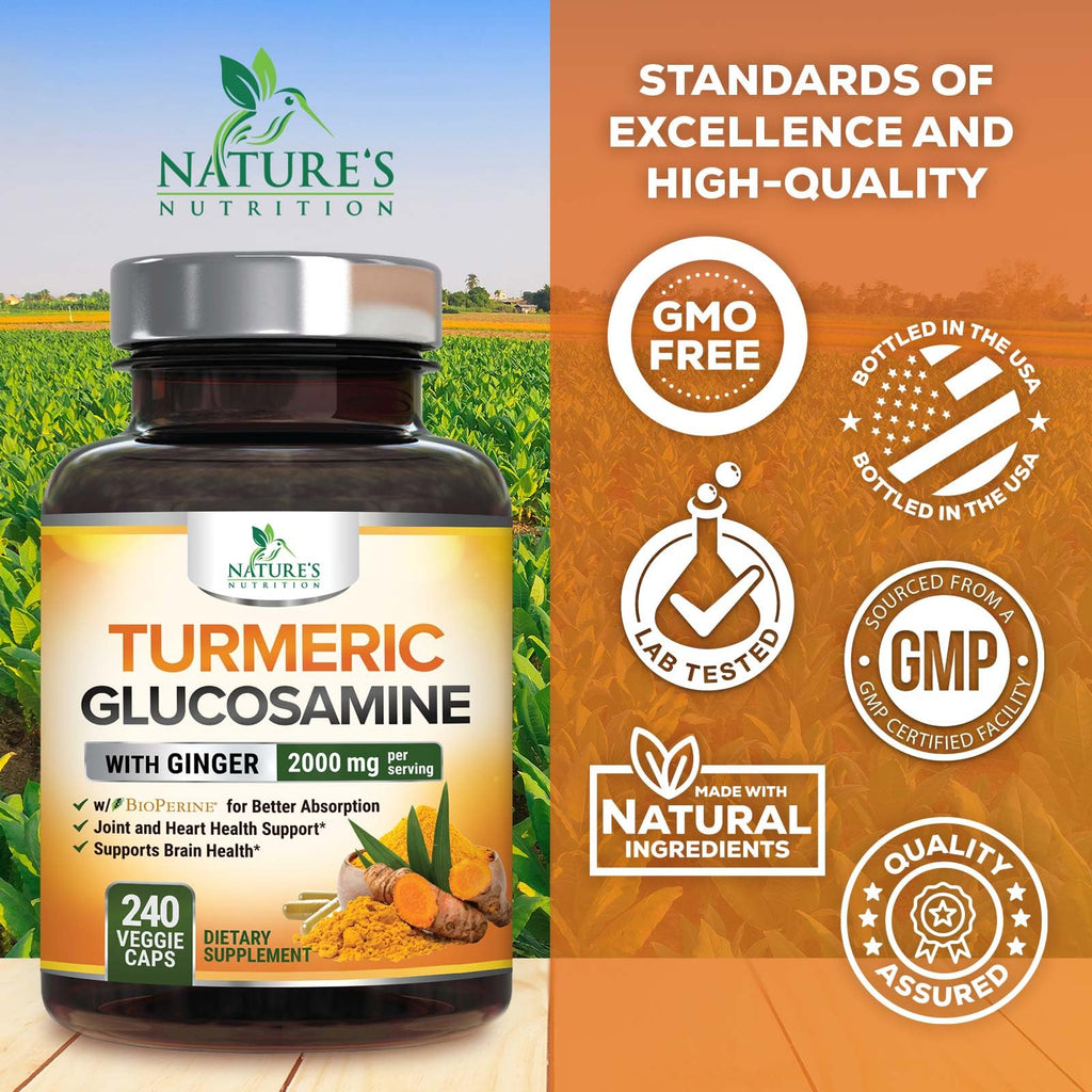 Turmeric Curcumin Supplement 2000mg - 95% Curcuminoids with Glucosamine, Ginger & MSM, BioPerine Black Pepper for Best Absorption, Nature's Vegan Joint Support, Non-GMO, Bottled in USA - 240 Capsules