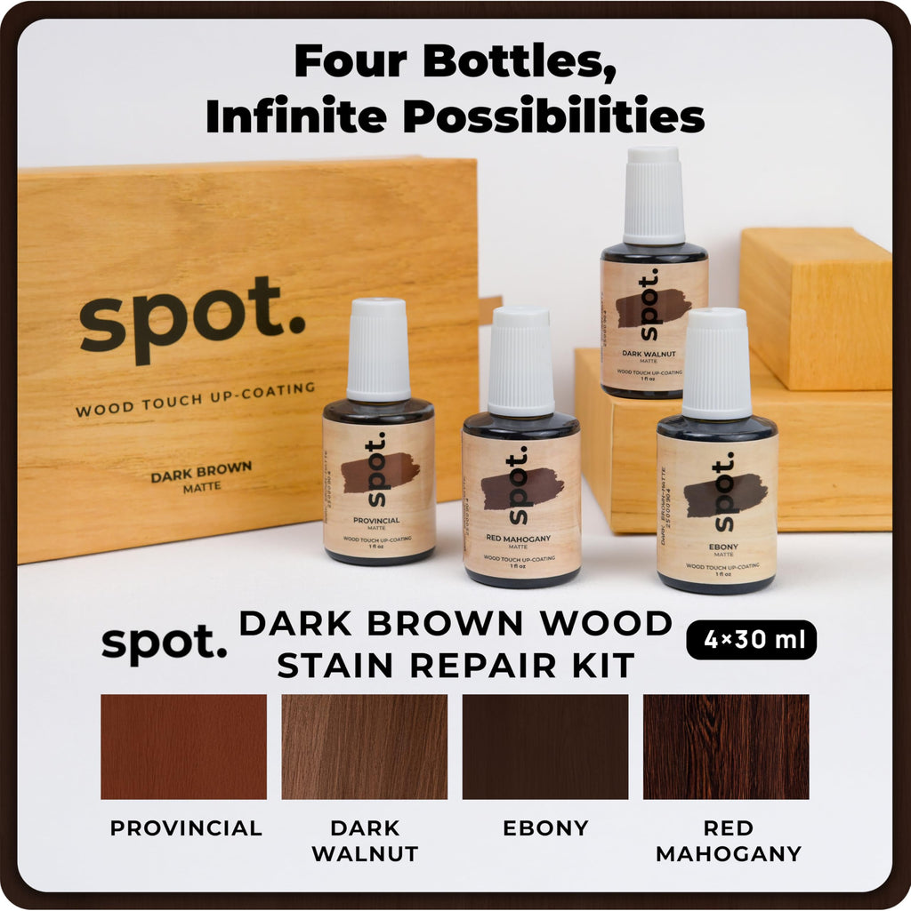 Dark Brown Wood Stain Repair Kit, Brush-On Touch-Up Stain Bottles, Provincial, Dark Walnut, Ebony, Red Mahogany, Interior and Exterior Wood, 4 fl oz Total by spot.