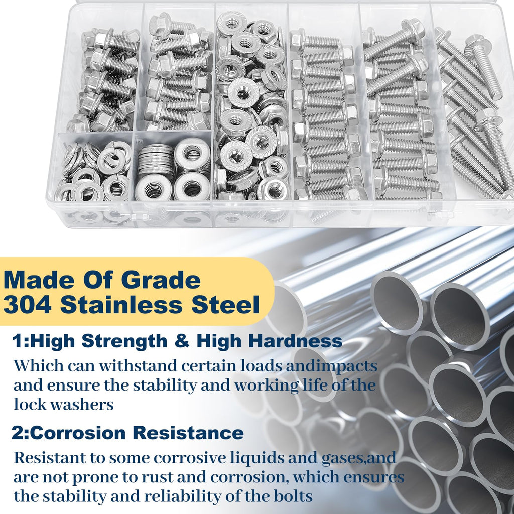 Vifmy 1/4-20 Bolt x (Length 3/4", 1", 1-1/4") 304 Stainless Steel Flange Head Bolts Assortment Kit (248 Pack) with 1/4 20 Bolt, Serrated Flange Nuts, Washers, Full Thread