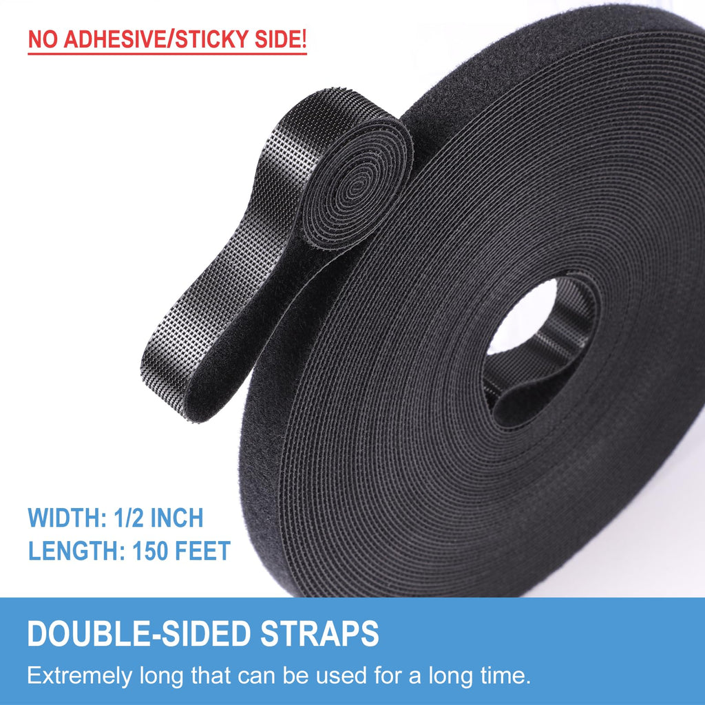 1/2in x 150ft Hook and Loop Roll | Double-Sided Strips, Self-Gripping Straps | Reusable Multi-Purpose Wrap Fasteners for Home, Office, Data Center, and More