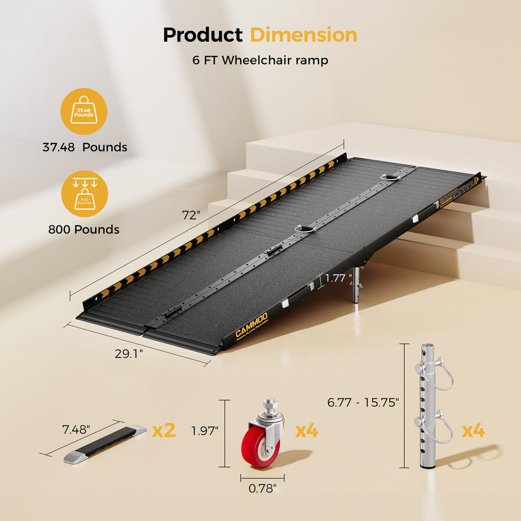 CAMMOO 6 FT Portable Wheelchair Ramp-800LBS Heavy-Duty, High-Strength Aluminum Alloy with 4 Adjustable Legs, 4 Wheels, Triple Anti-Slip and Seamless Design, Ideal for Home Steps, Threshold, Doorways