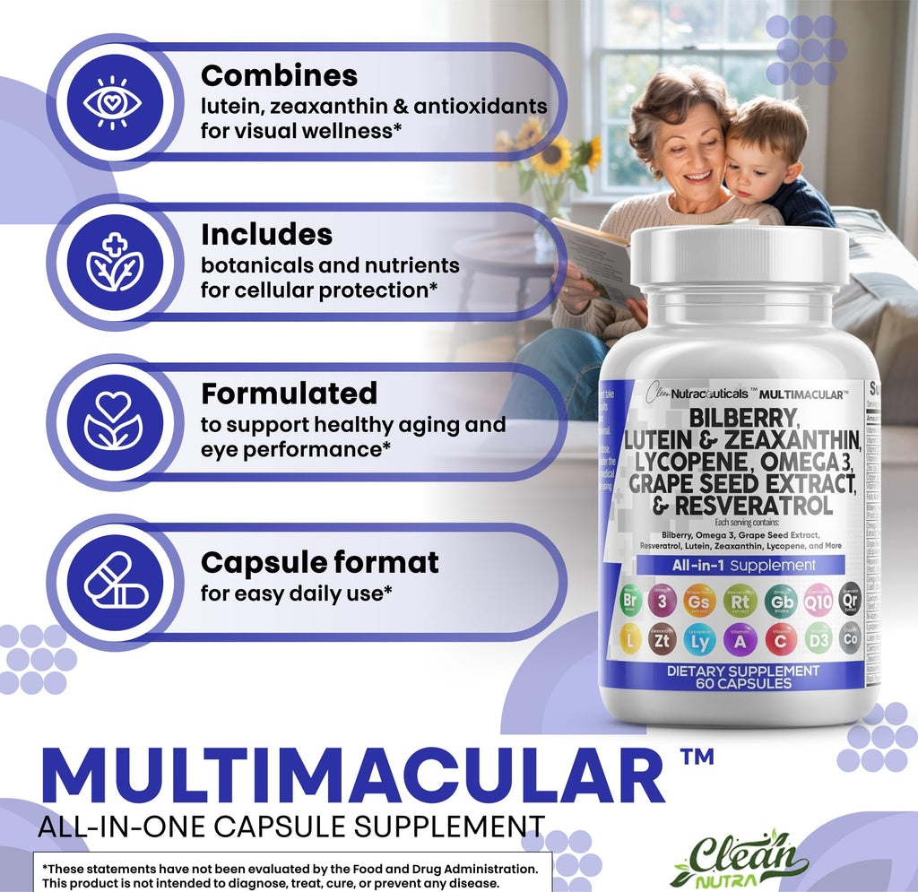 Clean Nutra Eye Vitamins with Bilberry Lutein and Zeaxanthin Supplements Lycopene 40mg Resveratrol Grape Seed Astaxanthin for Eyes - Eye Care Health Support (60 Count (Pack of 2))