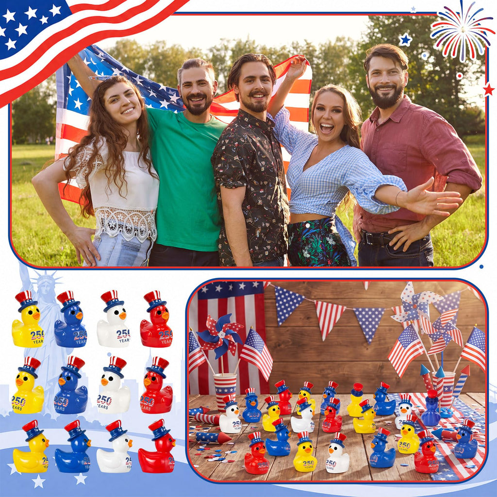 Skylety 100 Pcs Patriotic Mini Ducks 4th of July Independence Day Party Decor 250th Anniversary Red White Blue Ducks with Glue Points Garden Potted Miniature Cake Decoration Craft Patriotic Collectors