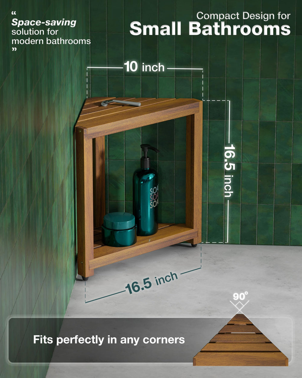 BLUEWEST 16.5" Corner Shower Stool, Wooden Corner Shower Bench for Shaving Legs Inside Shower, Waterproof Shower Foot Rest with Storage Shelf, Shower Seats and Benches