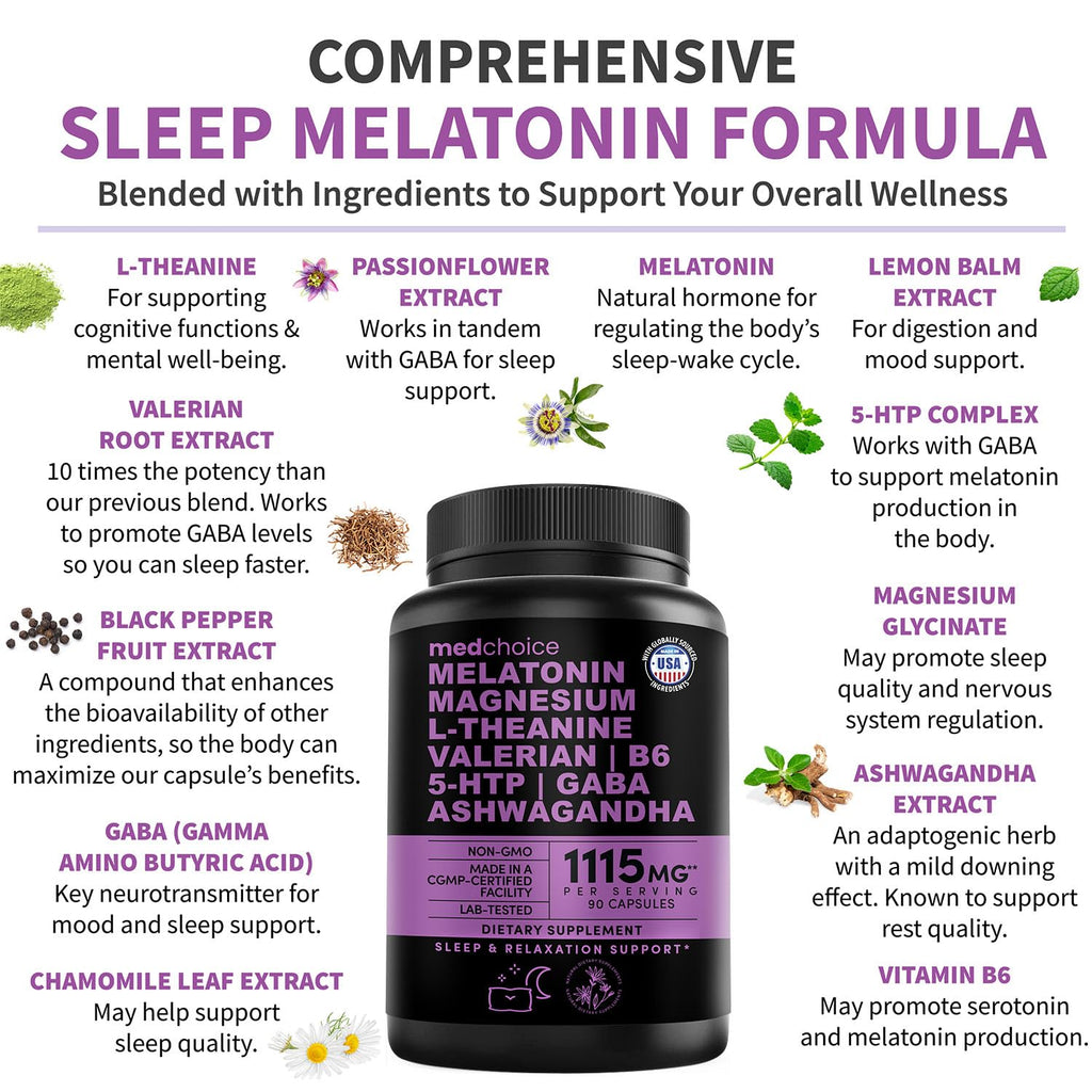 12-in-1 Melatonin Sleep Capsules - Natural Sleep Aids for Adults with Melatonin 5mg and Magnesium Glycinate 500mg, Sleep Aid with Ashwagandha, L Theanine, Valerian Root, GABA, 5-HTP (90ct, Pack of 4)