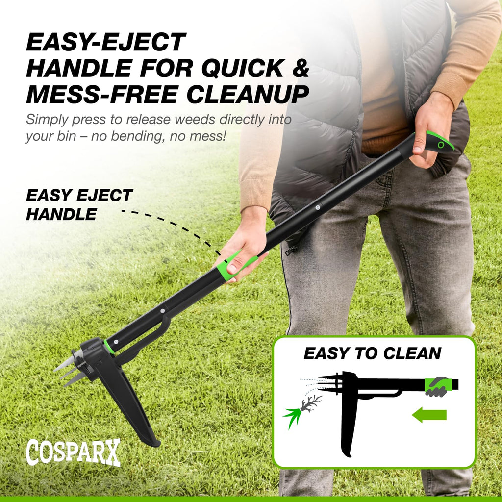 COSPARX Weed Puller Tool with Long 43” Handle, No Bending, Easy Eject – Removes Weeds Effortlessly, Sturdy Foot Pedal & Lightweight Aluminum - 4-Claw Hand Weeding Tool