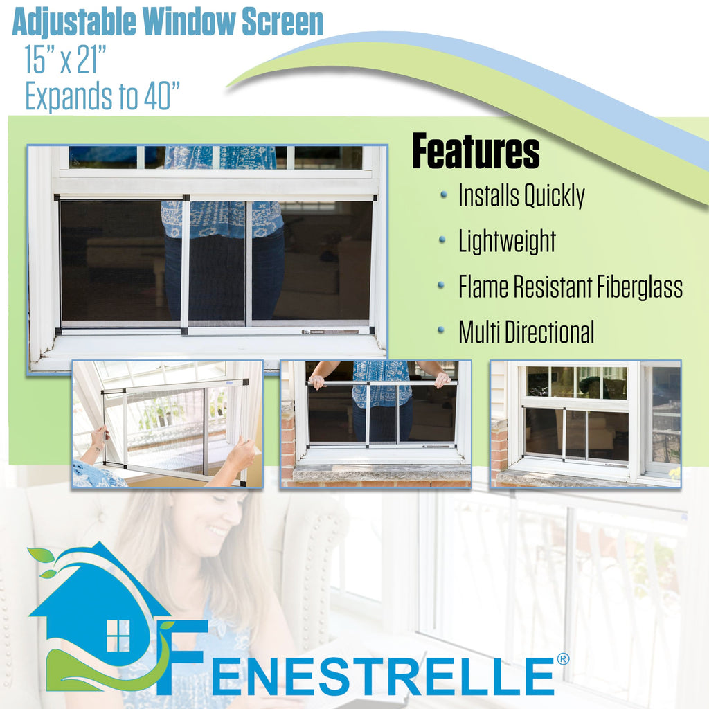 Fenestrelle Expandable Window Screen – 15″ H × 21″–40″ W Horizontal, 2‑Way Adjustable Window Screen with Flame Resistant Fiberglass Mesh, Pack of 2
