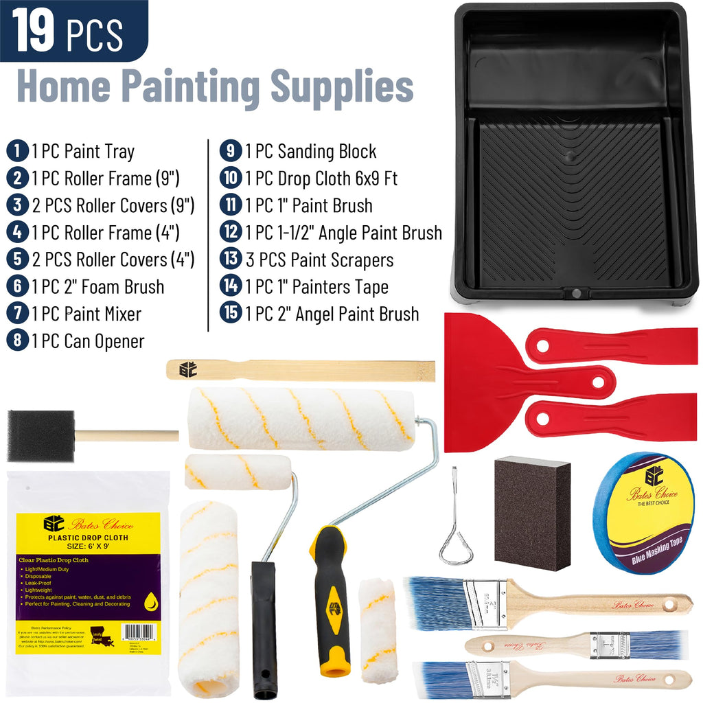 Bates- Paint Roller Kit, 19 pcs, Roller Set with Microfiber Sleeves & Frame