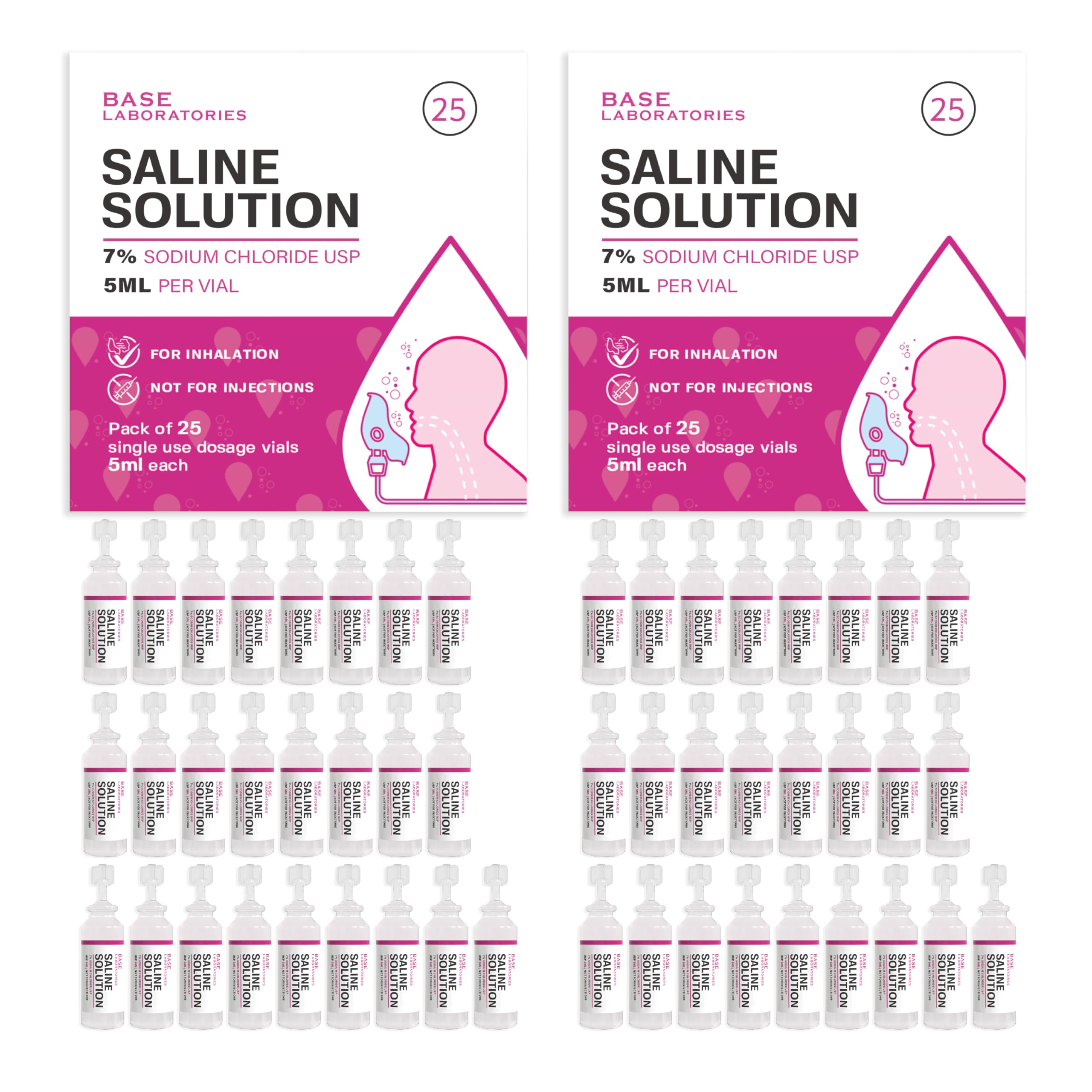 BASE LABORATORIES 7% Saline Solution for Nebulizer Machine | Saline Solution for Inhalation & Nasal Irrigation | High 7% Concentration l (25 x 2) 50 Vials 5ml Unit Dose