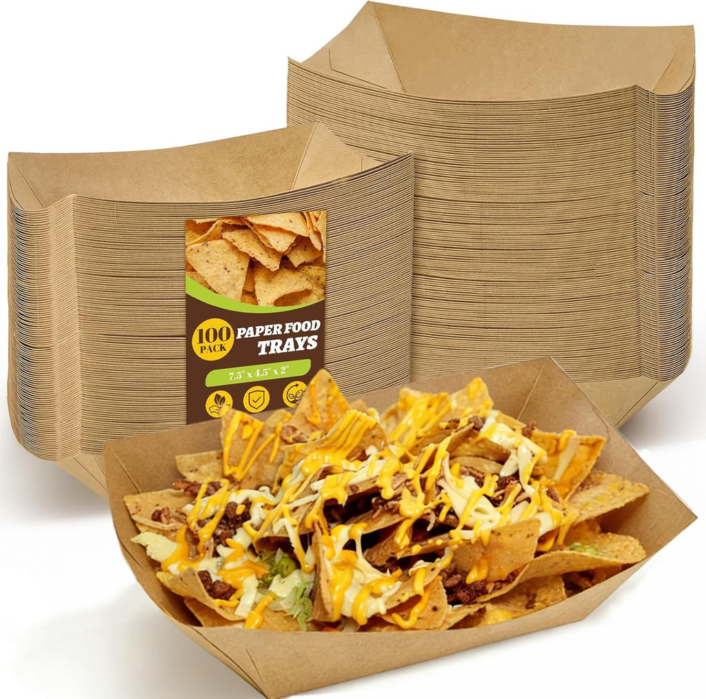Ocmoiy 4lb Paper Food Trays, 100 Pack Disposable Nacho Trays, Heavy-Duty Kraft Paper Food Boats Holders Serving Basket Trays for Snack, BBQ Picnic Wedding Party
