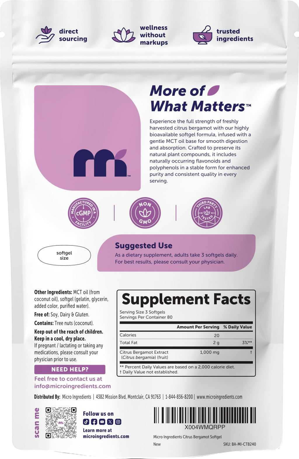 Micro Ingredients Citrus Bergamot Extract 1,000 mg for Men & Women, 240 Softgels | Natural Flavonoids & Polyphenols | Made with MCT Oil | Non‑GMO, Gluten‑Free & Soy‑Free