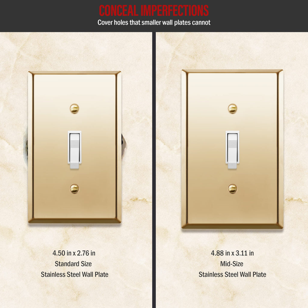 ENERLITES Toggle Light Switch Metal Wall Plate, Stainless Steel Switch Cover, Corrosion Resistant, Mid-Size 1-Gang 4.88" x 3.11", Stainless Steel 201, 7711M-PB, Polished Brass