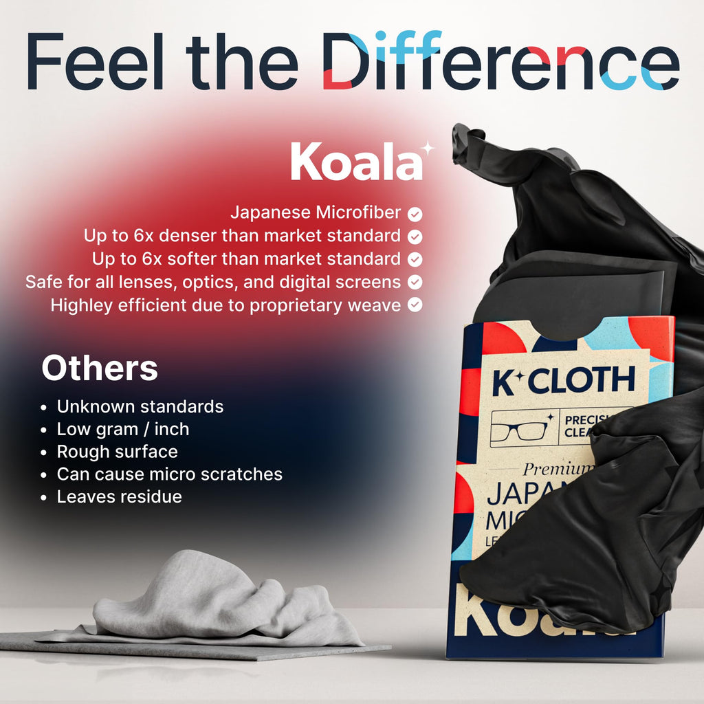 Koala Lens Cleaning Cloth | Japanese Microfiber | Glasses Cleaning Cloths | Eyeglass Lens Cleaner | Eyeglasses, Camera, VR/AR Headset, and Screen Cleaner | Black & Green (Pack of 6)