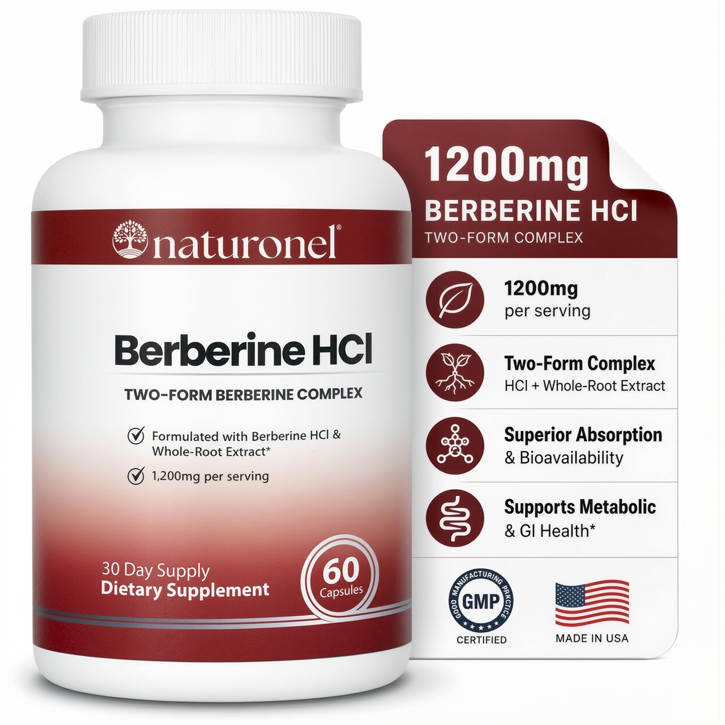 Naturonel Berberine HCl 1200mg Supplement - Supports Metabolic Health & Cellular Energy Metabolism - High Absorption Berberine Supplement for Metabolic Health (1 Bottle)