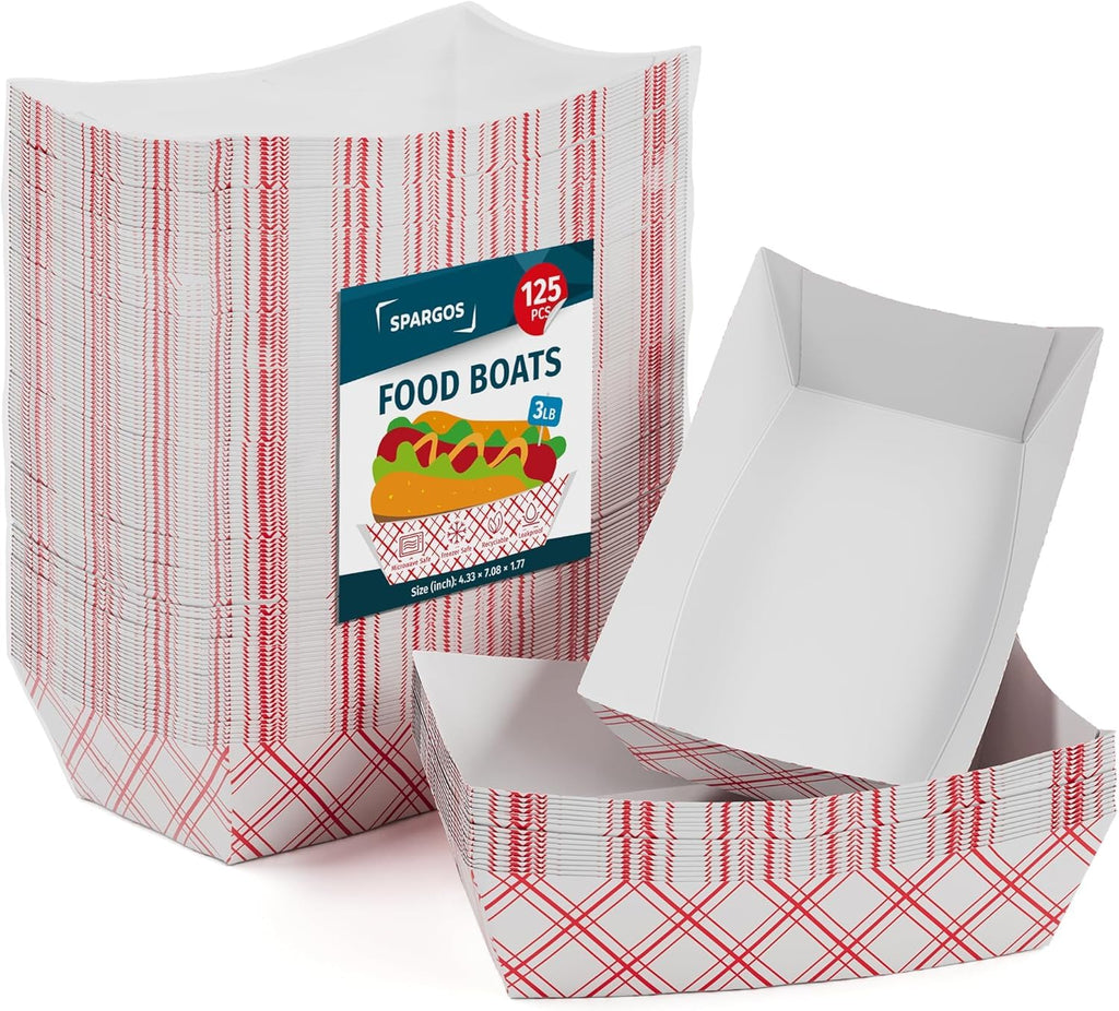 SPARGOS 3lb Paper Food Boats (125 Pack) – Red and White Checkered Nacho Trays for Parties – Disposable Hot Dog Boats & French Fry Holders – Grease Resistant Paper Food Trays for Movie Night & Picnics