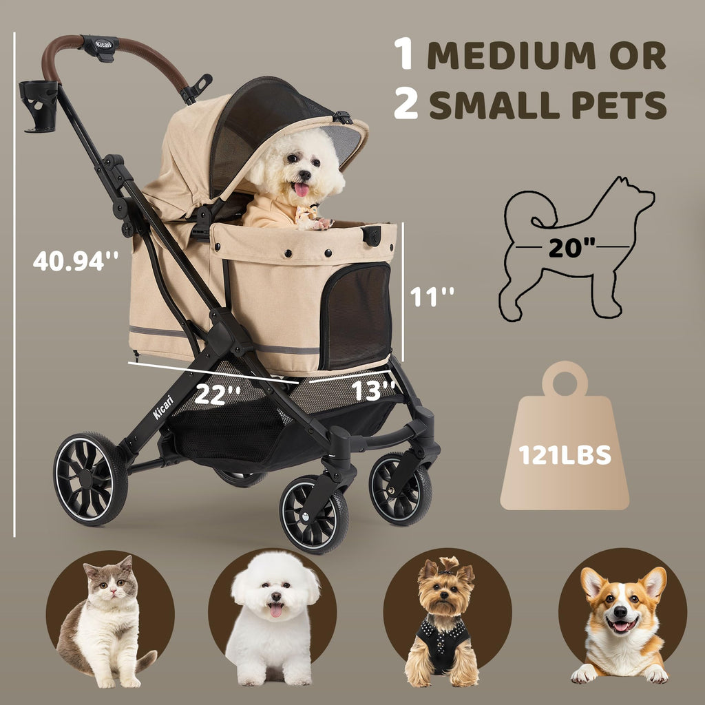 Kicari All-Terrain Dog Stroller for Small to Medium Dogs, Pet Stroller for Dogs & Cats Outdoor Walks, One-Hand Easy Fold, Double-Layer Anti-UV & Waterproof Canopy & Breathable Mesh, Vanilla Beige