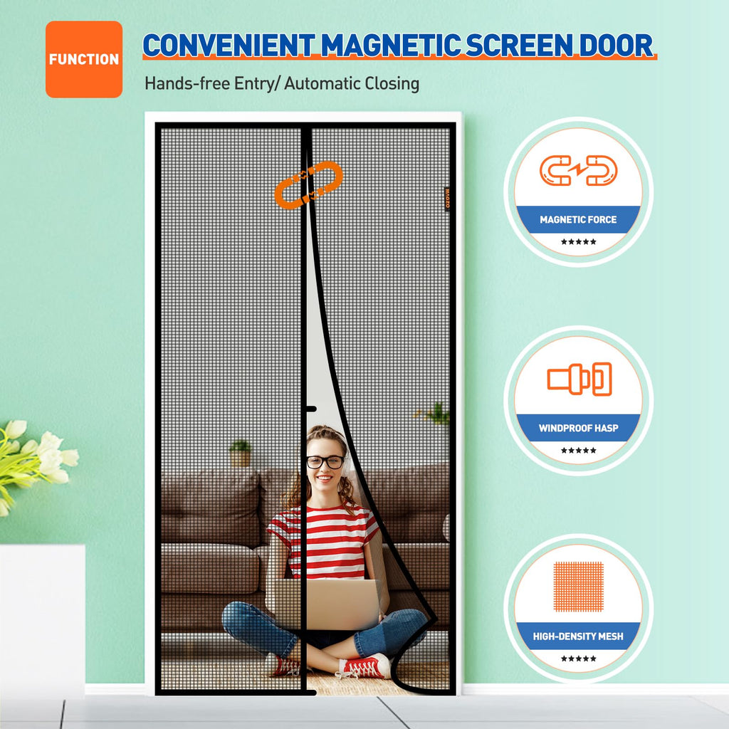 MAGZO Magnetic Screen Door, Fit Door Size 38 x 99 Inch, Actual Screen Size 40" x 100" Heavy Duty Mesh Curtain with Magnet Closure Black