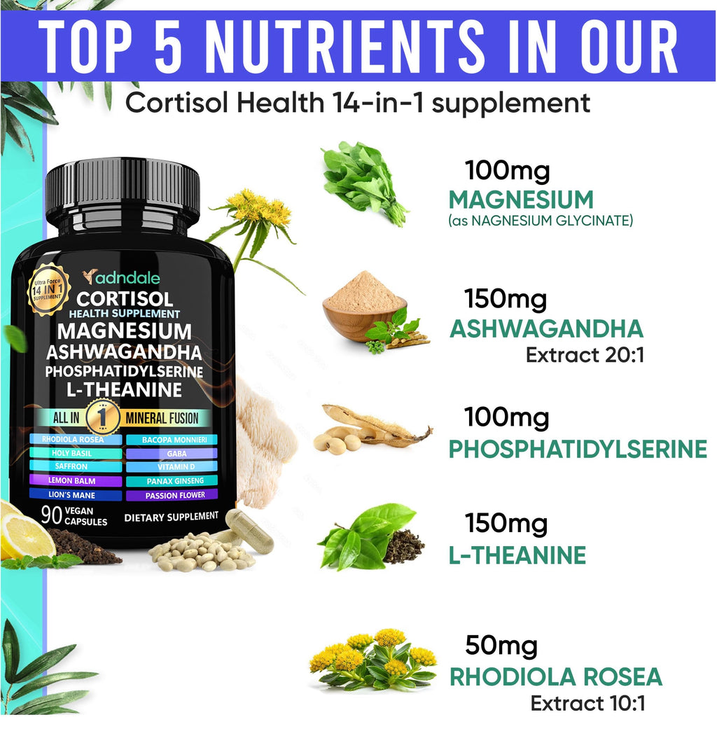 Adndale Cortisol Supplements for Women. Cortisol Reducer 14-in-1 Ashwagandha Supplement with Magnesium Glycinate, L-Theanine & More. 90 Capsules.