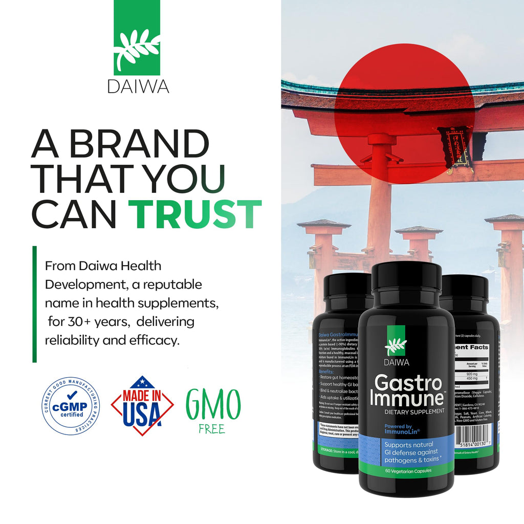 Daiwa GastroImmune - Gut Health and Immunity Supplement - Non-GMO, Protein-Based Formula for Digestive Wellness – 60 Capsules