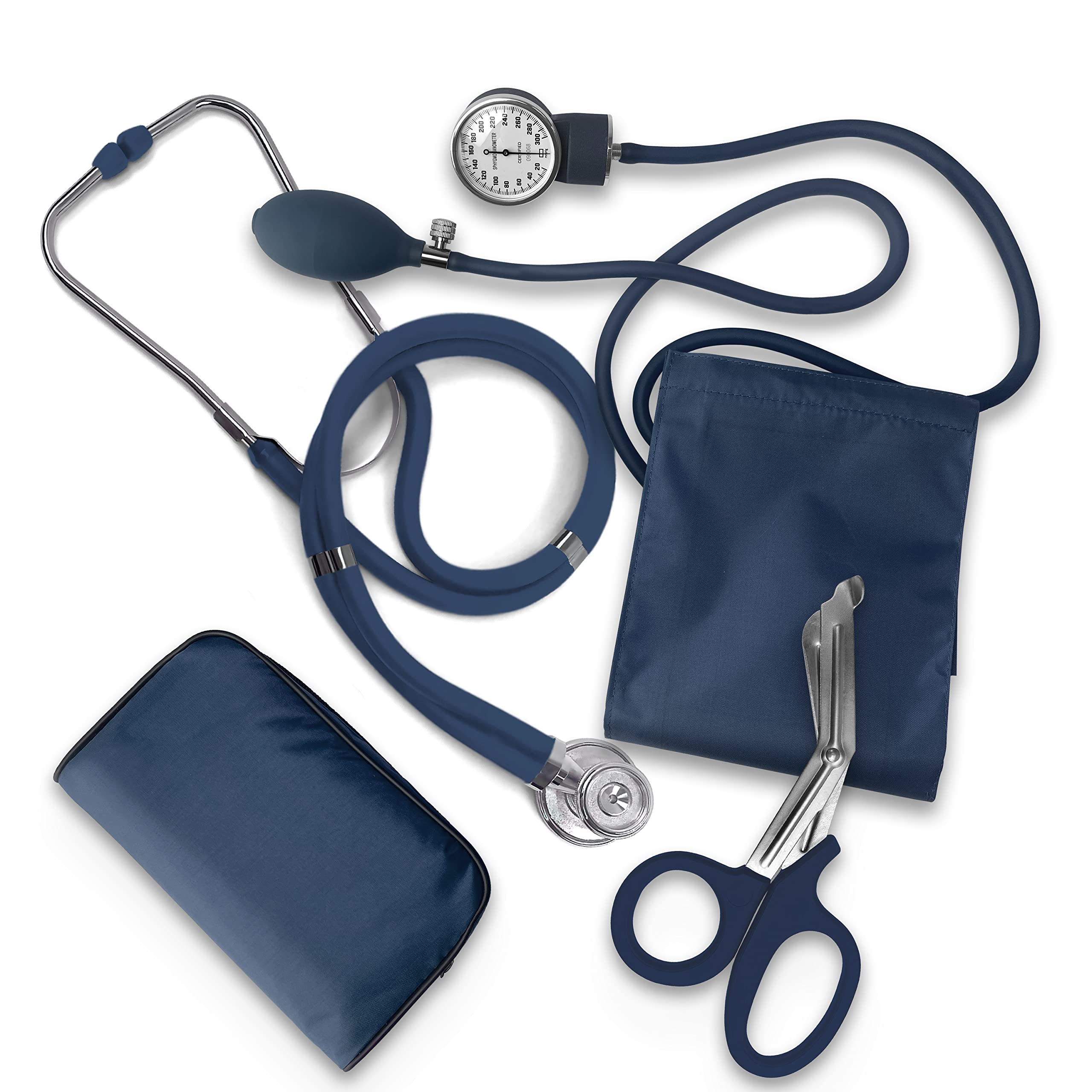 ASA TECHMED Nurse EMT Starter Pack Stethoscope, Blood Pressure Monitor and Trauma 7.5" EMT Shear Ideal Gift for Nurses, Medical Students, Firefighters, Police and Personal Use (Navy Blue) 4 Piece Set