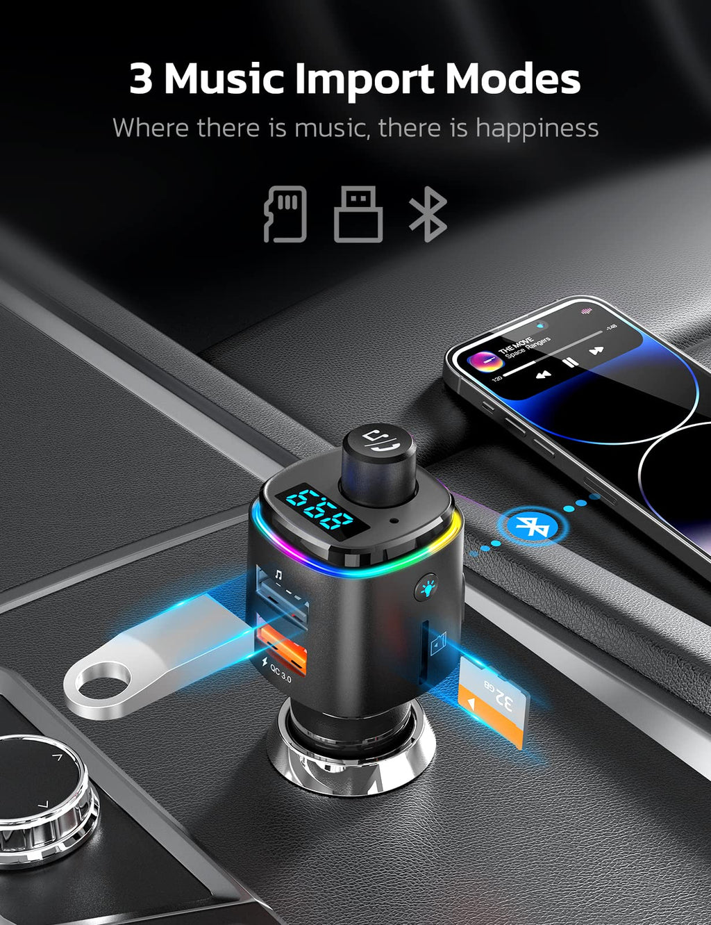 Nulaxy Bluetooth FM Transmitter for Car, QC3.0 Fast Charge Bluetooth Car Adapter, Wireless Radio with 7 Color LED Backlit, Support Hands-Free Calls, USB Flash Drive, microSD Card (Black)