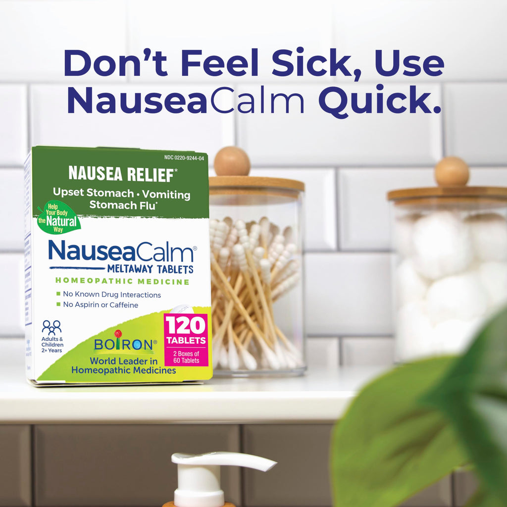 Boiron NauseaCalm Relief for Upset Stomach, Nausea, and Vomiting Due to Stomach Flu, Overindulgence, or Motion Sickness - Non-Drowsy - 120 Count (2 Pack of 60)