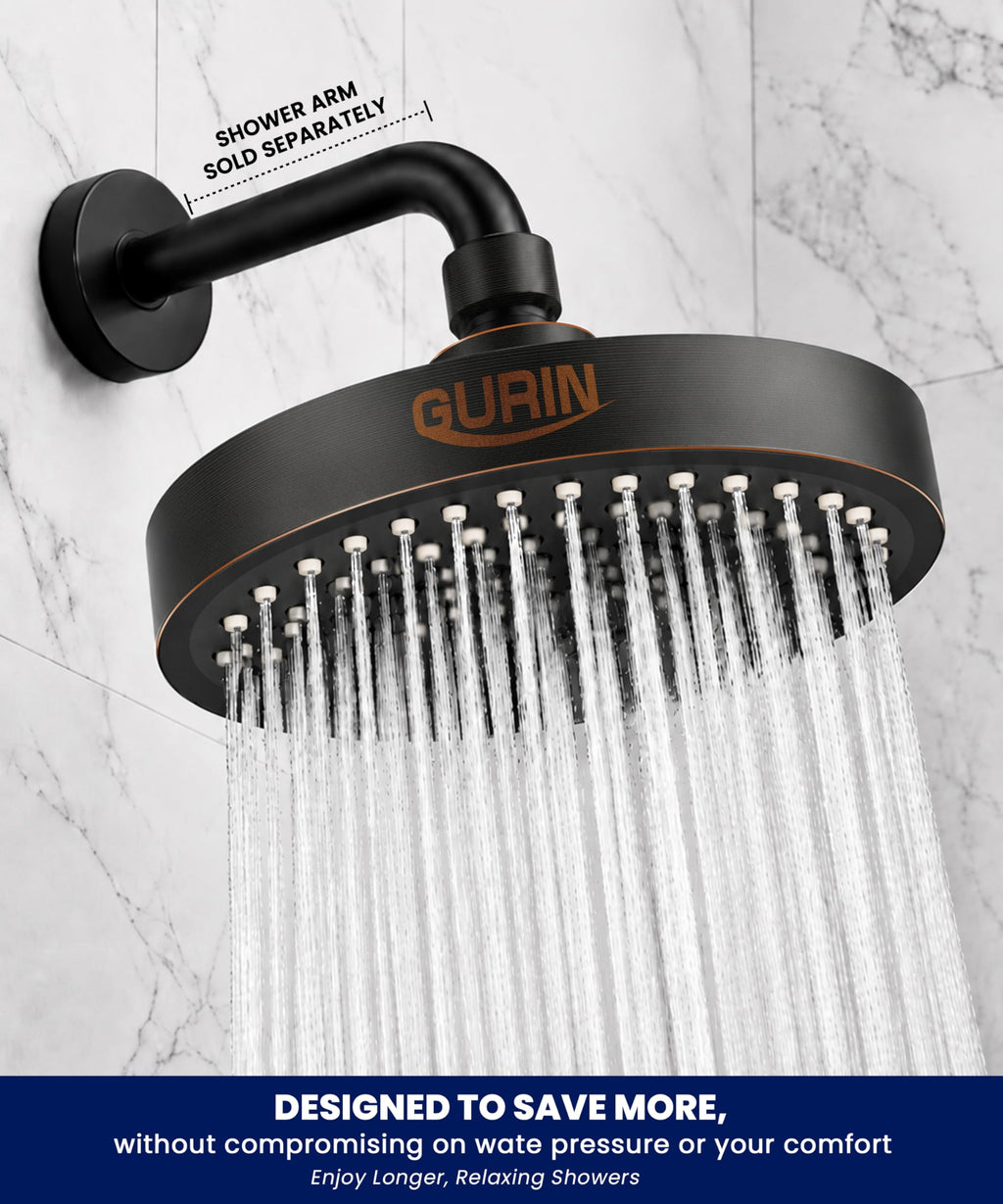 GURIN Shower Head - Powerful High Pressure Rain Shower Head 6 Inch - Luxury Rainfall Showerhead with Adjustable Angles, 90 Anti-Clog Nozzles, Tool-Free 1-Min Install, Premium Oil Rubbed Bronze Finish