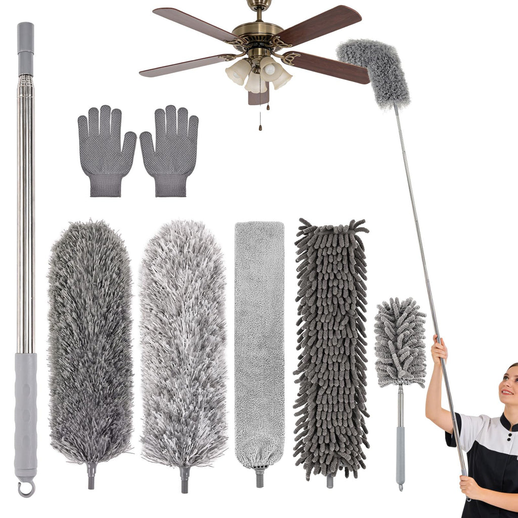 Microfiber Feather Duster Kit with Extension Pole, 7 PCS Washable Reusable Duster for Cleaning, 100'' Bendable Extendable Long Duster with Stainless Steel Pole for High Ceilings, Fans, Furniture & Car
