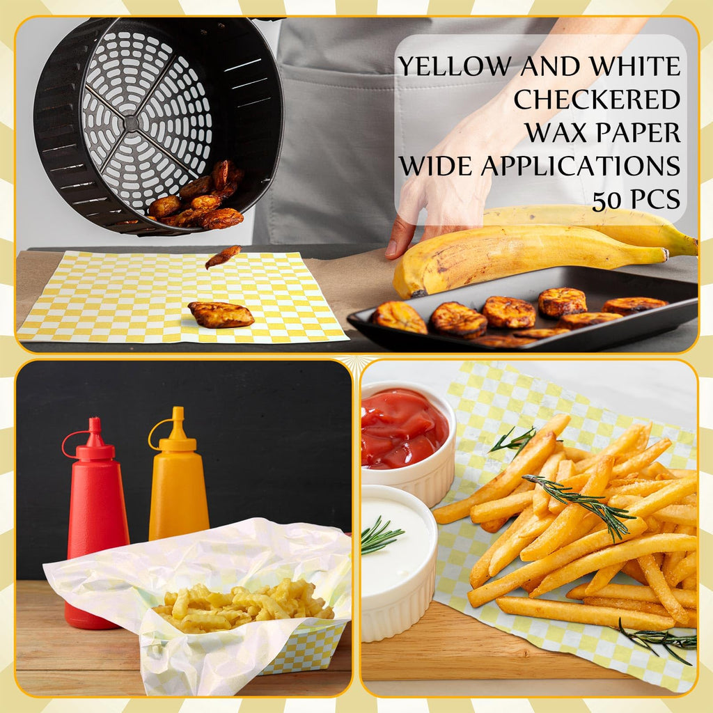 Geosar 100 Pcs Gingham Party Supply Disposable Paper Food Tray Bulk Disposable Food Boat with Checkered Wax Paper Sheet Checkered Wrapping Supply for Carnival Picnic Birthday Party (Yellow White)