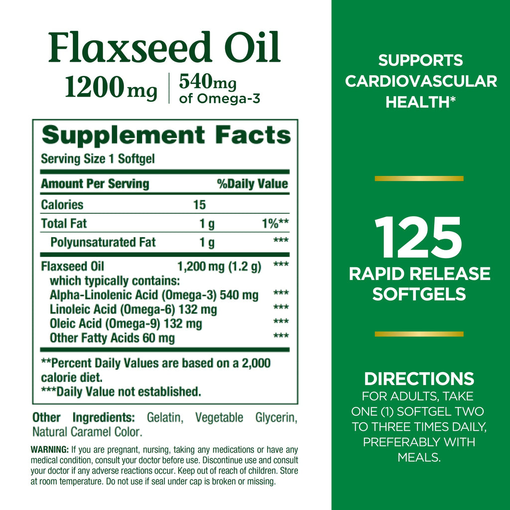 Nature's Bounty Flaxseed and Omega 3, Dietary Supplement, Supports Cardiovascular Health, 1200mg, Softgels, 125 ct (Pack of 2)