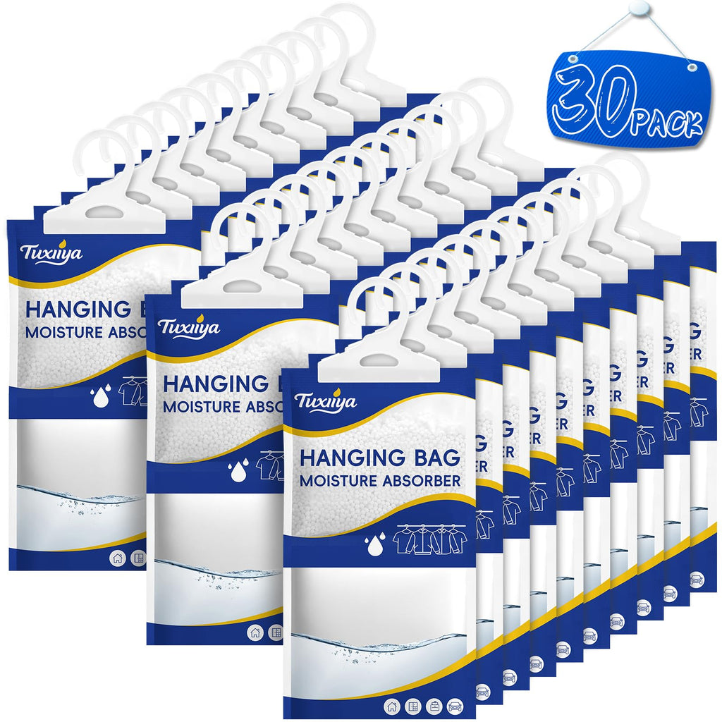 TUXIYA Moisture Absorbers 30 Pack,Hanging Closet Dehumidifier Bags,Moisture Absorbing Bags, Desiccant,Moisture Absorbing Bags for Closet,Wardrobes,Bedrooms, Bathrooms