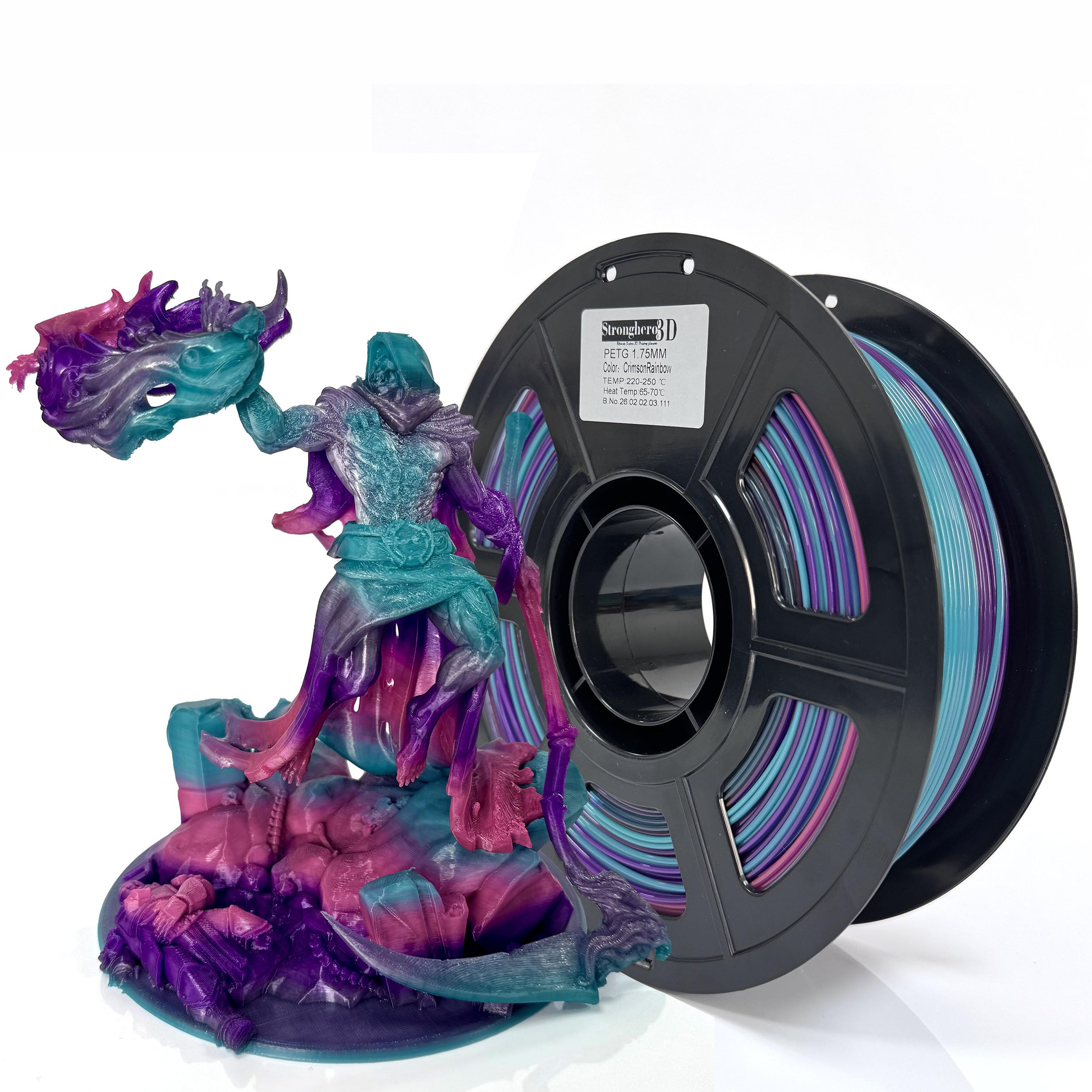 Stronghero3D PETG 3D Printer Filament 1.75 mm,Crimson Rainbow,Multi Color,Purple Turquoise,Accuracy +/- 0.05 mm net Weight 1 kg（2.2lbs