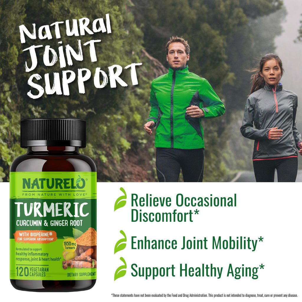 NATURELO Turmeric Curcumin - BioPerine for Better Absorption - Black Pepper, Ginger Root, Curcuminoids - Plant-Based Joint Discomfort Support - 120 Vegan Capsules (Pack of 2)